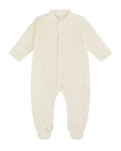 Velour Embroidered Angel Wing Sleepsuit - Cream